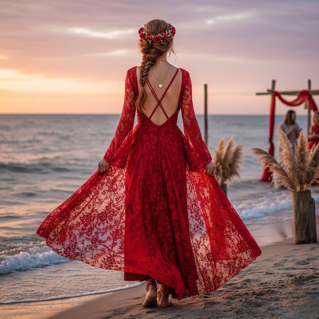 Boho lace wedding dress with open back on beach at sunset, romantic beach bridal gown